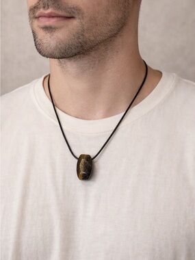 Tiger's Eye Stone Pendant Necklace on Black Coated Wire 16”